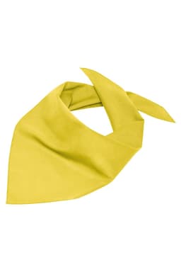 A triangular scarf in vibrant yellow, featuring a simple design and a soft fabric texture. It has a logo.