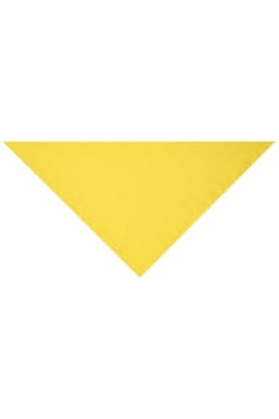 A triangular scarf in a bright yellow colour, featuring a logo in one corner.