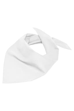 A triangular white scarf with a soft fabric and an attached tie for secure wear. Features a logo.