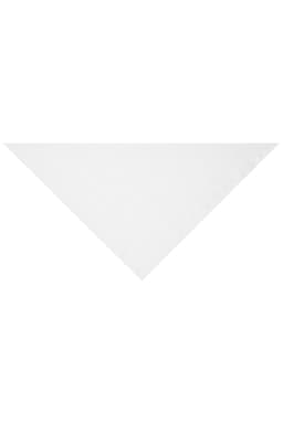 A triangular scarf in white, showcasing a simple design. It features a logo in one corner.
