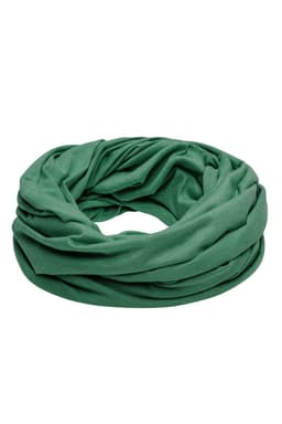A green loop scarf made from soft fabric, elegantly draped and swirling in a circular shape.