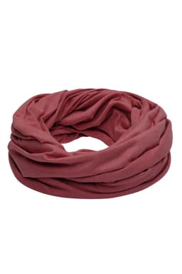 A loop scarf in a rich heather burgundy colour, featuring a soft and gathered texture.