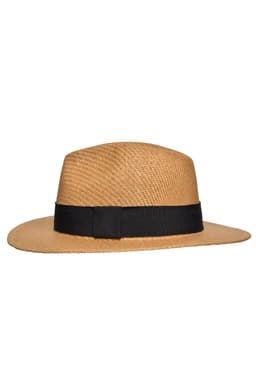 A tan straw hat with a black band, featuring a wide brim and a structured design.