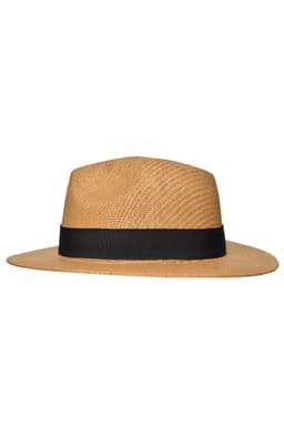 A straw hat in a natural tan colour with a wide black ribbon band. Features a logo on the side.