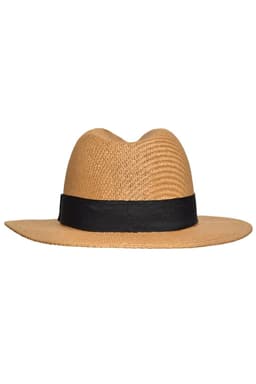 A tan straw Traveller Hat with a black band, featuring a classic wide brim design.