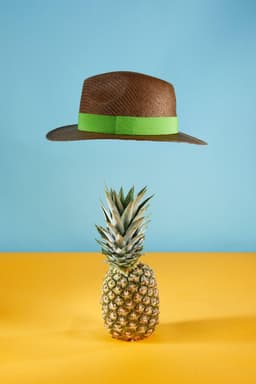 A brown Traveller Hat with a green band floats above a pineapple against a blue and yellow background.