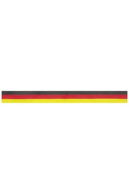 A promotional ribbon featuring horizontal stripes in black, red, and yellow. It has a branding logo.