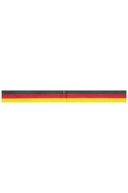A ribbon featuring black, red, and yellow stripes, designed for promotional use. It has a logo at one end.
