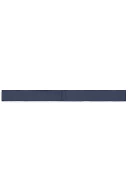 A navy blue ribbon displayed flat, featuring a simple design and a logo.