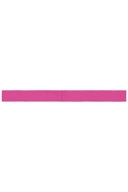 A pink promotional ribbon laid flat, featuring a branding logo.