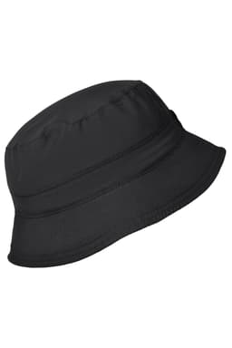 A black bucket hat with a rounded crown and wide, flexible brim, featuring a simple design and a logo.