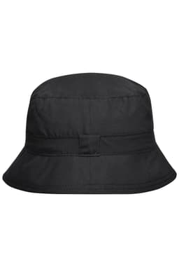A black bucket hat with a rounded crown and wide brim, featuring a seam detail and a logo on the side.