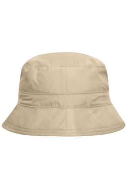 A beige bucket hat with a wide brim and a stitched design. It features a logo on the side.