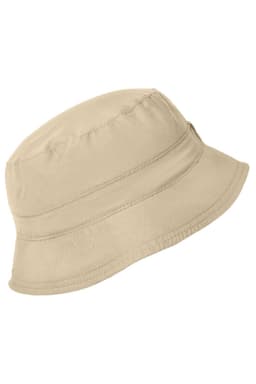 A khaki bucket hat with a flexible brim and an adjustable fit, featuring a logo.
