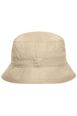 A beige bucket hat with a stitched band and a small logo present on the side.
