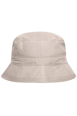 A beige bucket hat with a round crown and a wide brim, featuring a logo. 