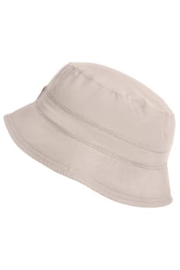 A beige bucket hat with a simple design, featuring an adjustable band and a logo on the side.