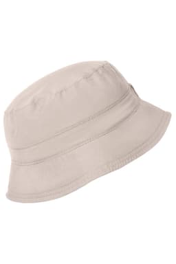 A light beige bucket hat with a simple design, featuring a subtle branding logo on the side.