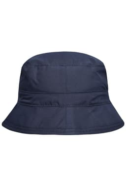 A navy blue bucket hat with a wide brim and a stitched design. It features a logo on the side.