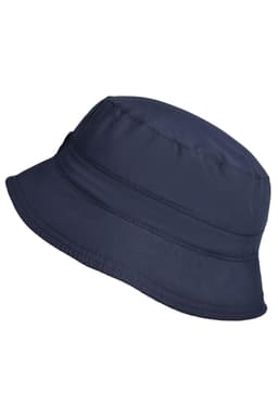 A navy blue bucket hat featuring a simple design and a logo on the side. Ideal for outdoor activities.