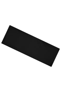 A black running headband featuring a logo, designed for comfort and performance.