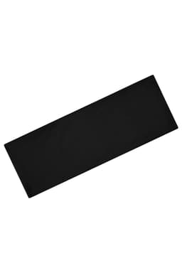 A black running headband, featuring a simple design and a logo. Ideal for sports activities.