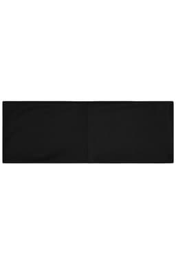 A black running headband with a smooth fabric texture, featuring a logo on one side.