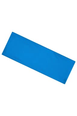 A blue running headband with a smooth texture and an attached logo on one side.