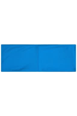 A blue running headband with a smooth, simple design. It features a logo on one side.