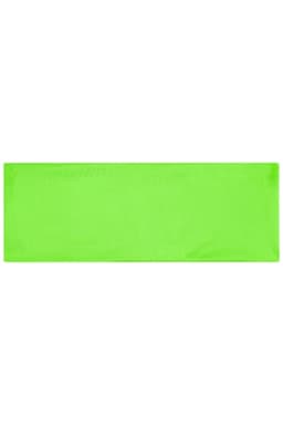 A bright green running headband with a smooth texture, featuring a logo on one side.
