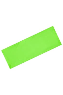 A green running headband with a smooth, flat design, featuring a logo.
