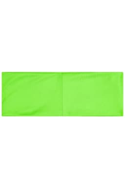 A bright green running headband features a smooth, glossy finish and has a logo on it.
