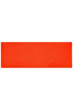 An orange running headband with a smooth, non-textured surface and a logo on one side.