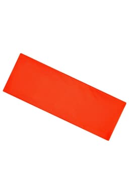 An orange running headband with a smooth, flat surface and a simple design. It has a logo on one side.