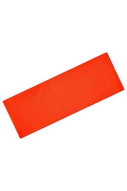 An orange running headband with a smooth and flat design, featuring a logo.
