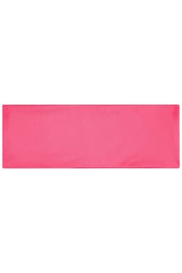 A pink running headband featuring a simple, solid design with a logo in one corner.