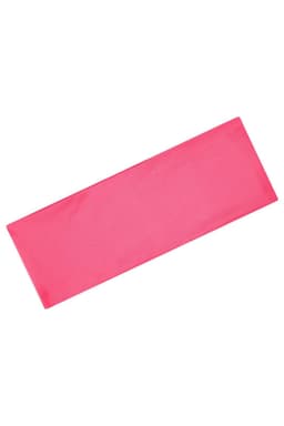 A pink running headband with a smooth surface and a logo.