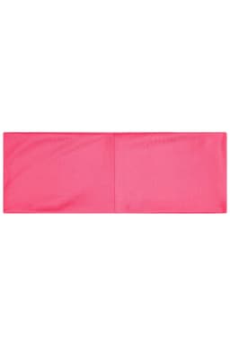 A pink running headband with a smooth fabric texture, featuring a logo on the side.