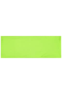 A bright green running headband made from a lightweight, stretchy material, featuring a logo.
