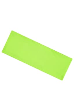 A bright green running headband featuring a logo, designed for active wear.