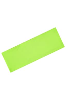 A green running headband featuring a simple design and a logo.