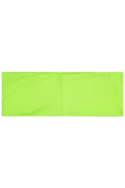 A bright green running headband featuring a smooth, flexible fabric with a centre seam. It has a logo on one side.