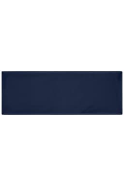 A navy running headband with a simple design and a logo on one side.