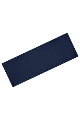 A navy running headband with a logo. The fabric is smooth and rectangular in shape.