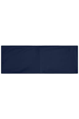 A navy running headband features a simple, sleek design and includes a logo.