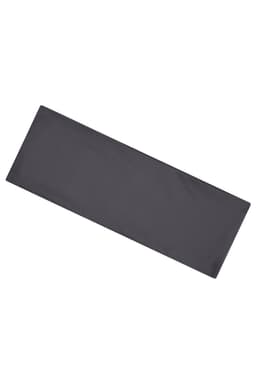 A dark grey running headband featuring a smooth, flat design and a logo.