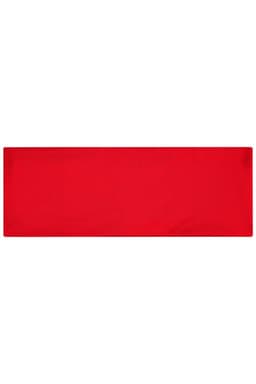 A red running headband with a smooth texture, featuring a logo.