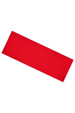 A red running headband with a plain design and a logo in one corner.