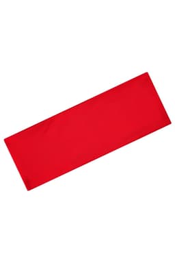 A red running headband with a simple design and a logo on one side.