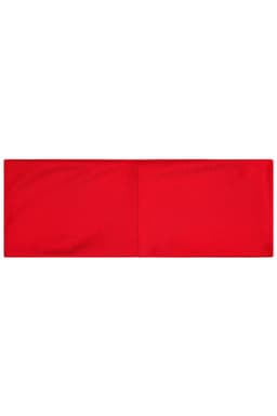 A bright red running headband with a smooth fabric surface, featuring a logo on one side.